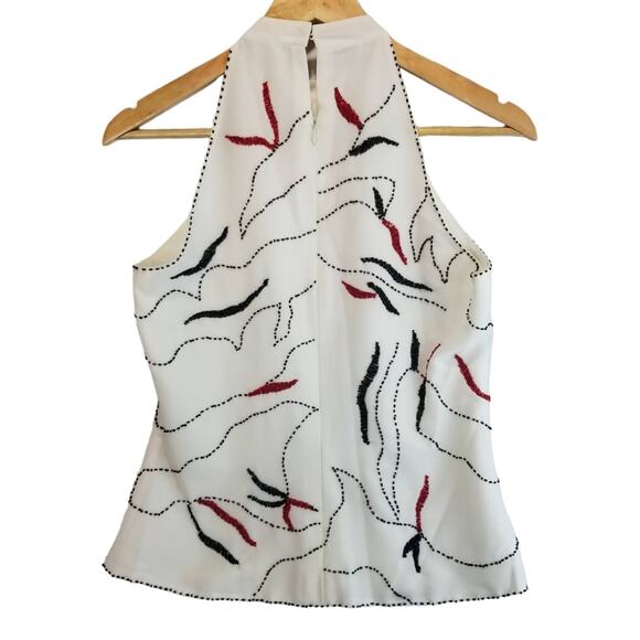 White Blouse Halter Choker Top with Black and Red Beads High neck - Picture 2 of 6